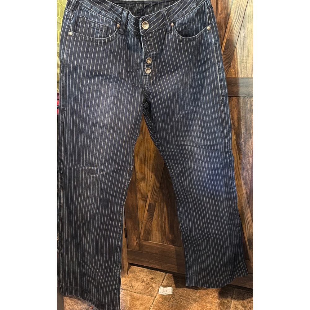 Cowgirl Tuff Pinstripe Jeans Dark Wash Blue Button Fly Straight Leg W29 L35